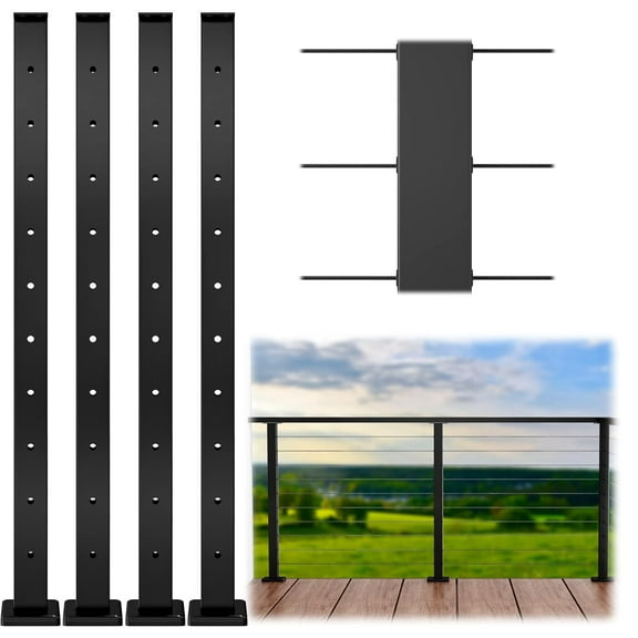 Muzata 4Pack Level drilled Cable Railing Post 36"x2"x2" Fixed top Level Line Post Top Mount Black Finish Stainless Steel Wood Concrete Level Deck PS02 BH4S