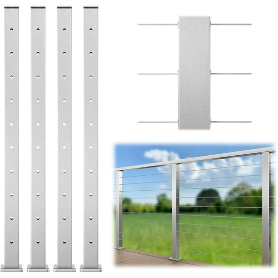 Muzata 4Pack Level drilled Cable Railing Post 36"x2"x2" Fixed top Level Line Post Top Mount Brushed Stainless Steel Wood Concrete Level Deck PS02 LH4S