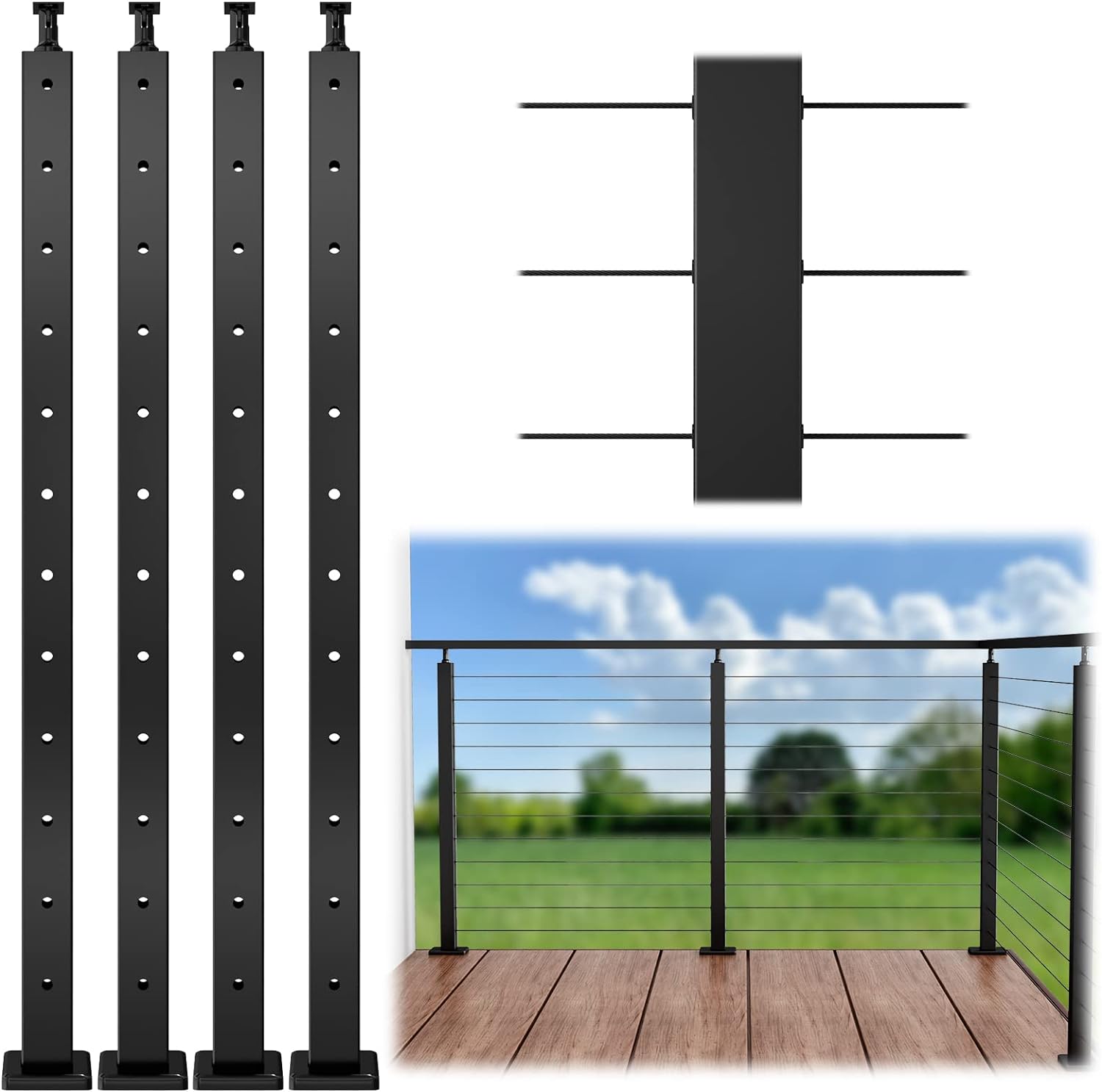 Muzata 4Pack Level Drilled Cable Railing Post 42"x2"x2" Adjustable Top ...