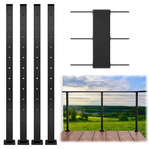 Muzata 4Pack Level drilled Cable Railing Post 42"x2"x2" Fixed top Level Line Post Top Mount Black Finish Stainless Steel Wood Concrete Level Deck PS02 BH4L
