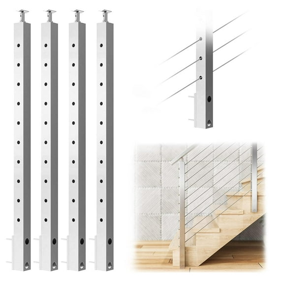 Muzata 4pack Cable Railing Post Side Mounted 30 Degree Angle Stairs Right-Side Upstairs Square Brushed 36''x2''x2'' Pre-Drilled Wood Concrete Deck Balustrade PF01 LA4S