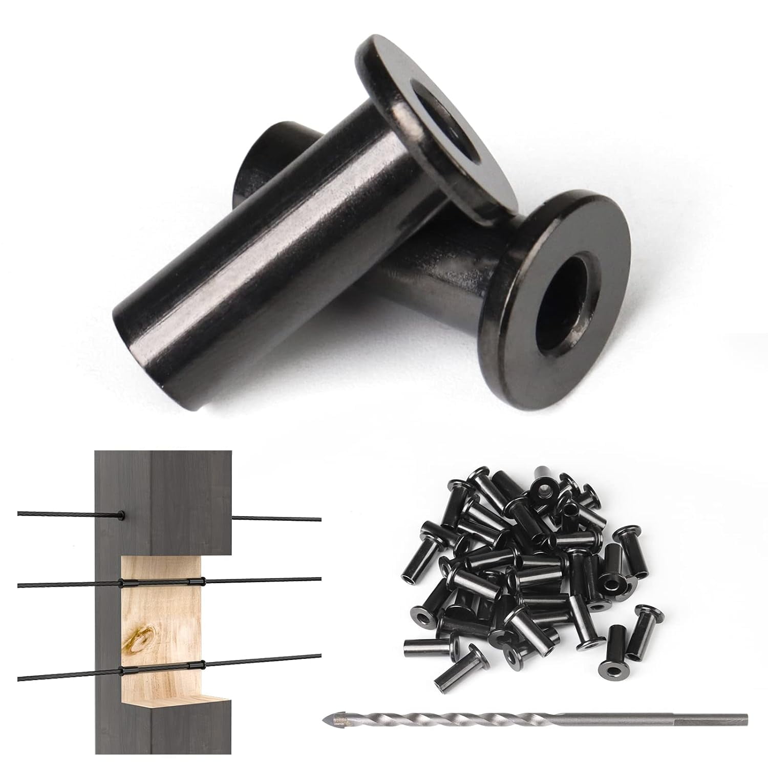 Muzata 50Pack Black Cable Railing Kit Protector Sleeves Protective Grommet for 1/8" 5/32" 3/16" Wire Rope Wood Posts T316 Stainless Steel Cable Deck Railing CR88