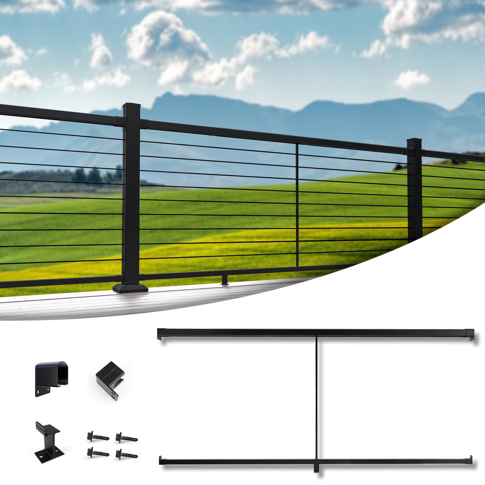 Muzata 6'6" Aluminum Handrail Kit Black Cable Railing System Work with Wood