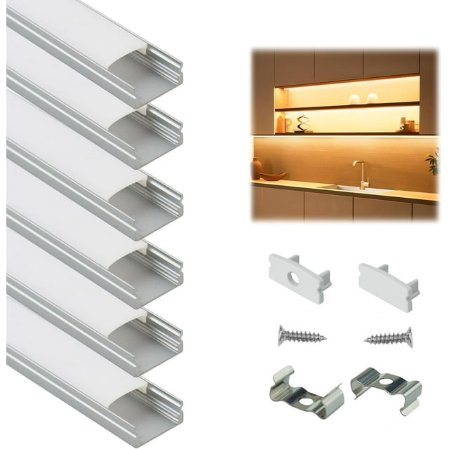 Muzata 6-Pack 3.3ft/1Meter U Shape LED Aluminum Channel System with Cover, End Caps and Mounting Clips Aluminum Profile for Under Cabinet LED Strip Light Installations U1SW WW LU1
