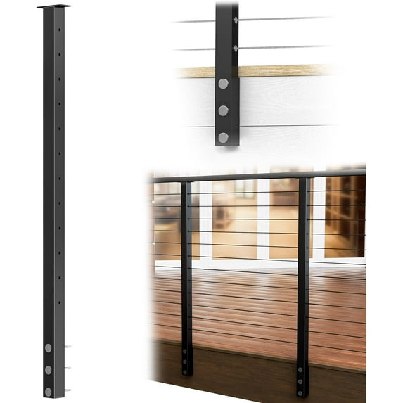 Muzata Level drilled Side Mount Post 42"x2"x2" Fixed Top Cable Railing Post Level Line Post Black Finish Stainless Steel Wood Concrete Level Deck PF02 BH4L