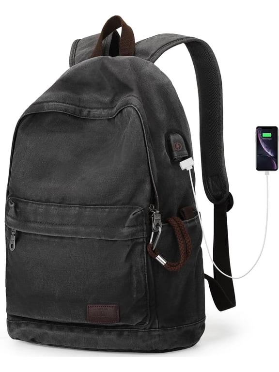 21L Canvas Anti-Theft Laptop Backpack with USB Charging Port, Fits 15.6-Inch Laptop, Black