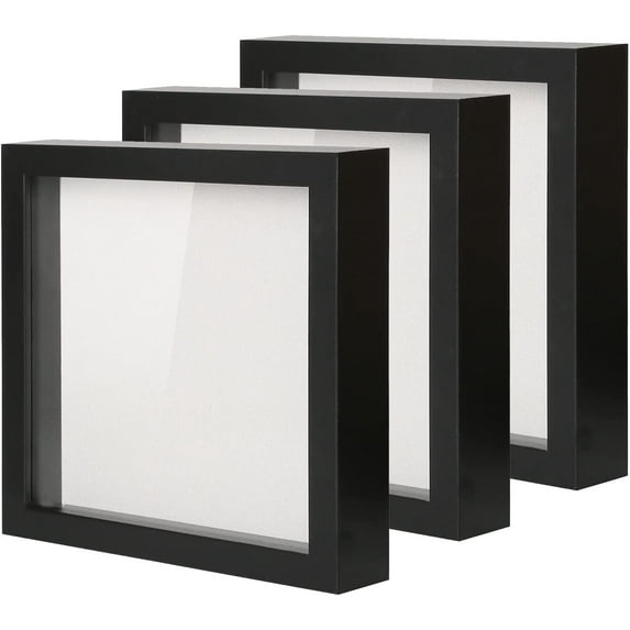 Muzilife 8x8 inch Shadow Box Picture Polished Frame with Linen Board Deep Wood & Glass Display Case, Black, 3pcs