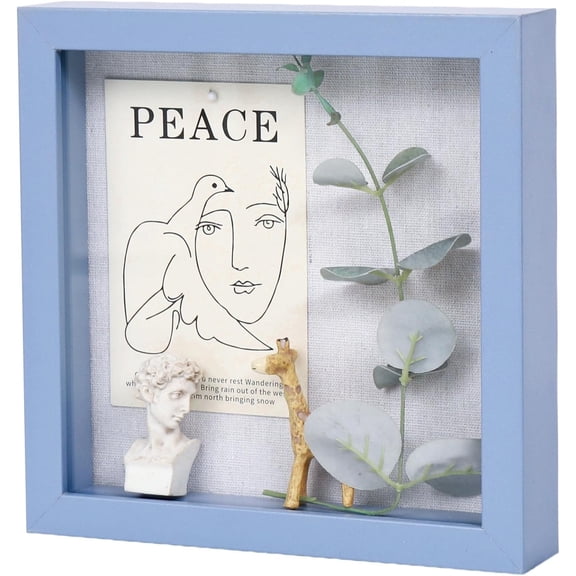 Muzilife 8x8 inch Wood Shadow Box Picture Frame Home Decor with Linen Board Deep Glass Display Case, Blue