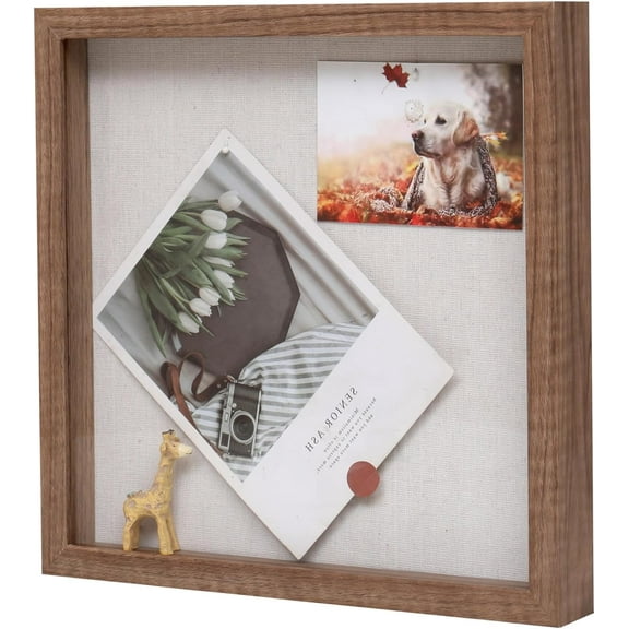 Muzilife 8x8 inch Wood Shadow Box Picture Frame Home Decor with Linen Board Deep Glass Display Case, Brown