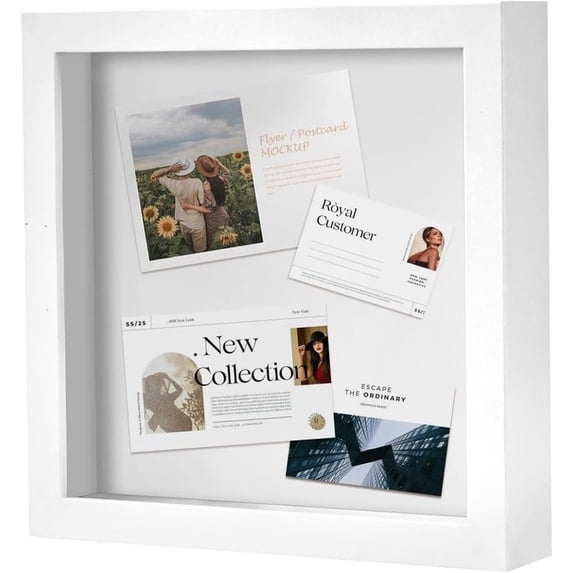 Muzilife 8x8 inch Wood Shadow Box Picture Frame Home Decor with Linen Board Deep Glass Display Case, White