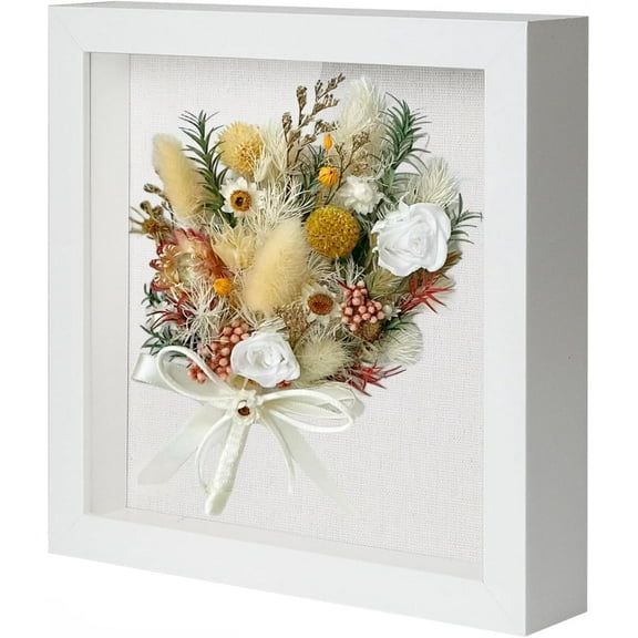 Muzilife 8x8 inch Wood Shadow Box Picture Frame Home Decor with Linen Board Deep Glass Display Case, White
