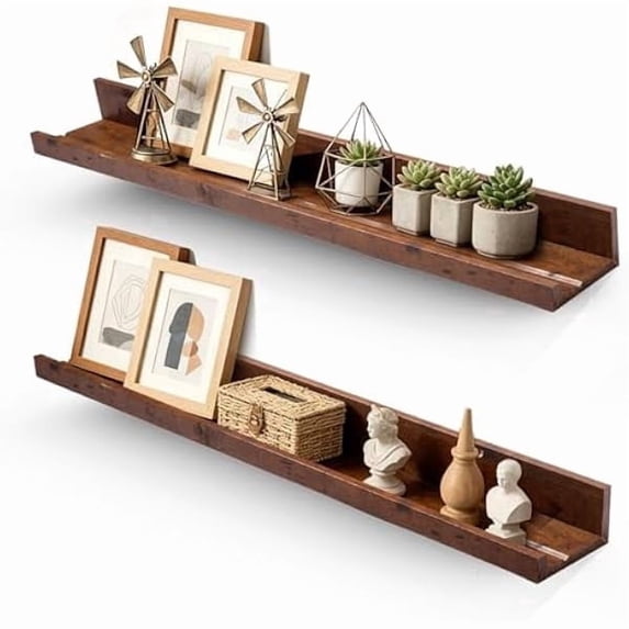 Muzilife Floating Wall Ledge Shelves with Lip - Set of 2 35.4inch Walnut Brown Wood Wall Mounted Picture Display Shelf