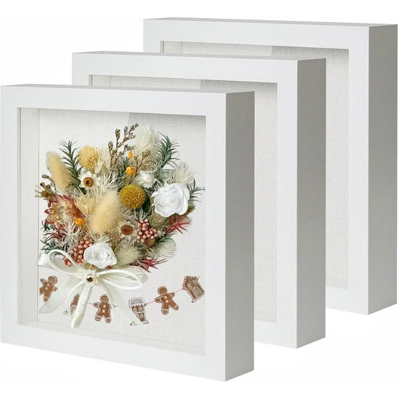 Muzilife Shadow Box Picture Frame with Linen Board Deep Wood Glass Display Case,White, 8x8" 3 Pack