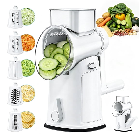 GOLDLEMON Rotary Cheese Grater with 4 Speeds, Vegetable Slicer with 3.5" Large Chute, 5 Blades & Hidden Storage, Strong Suction Base Chopper, White