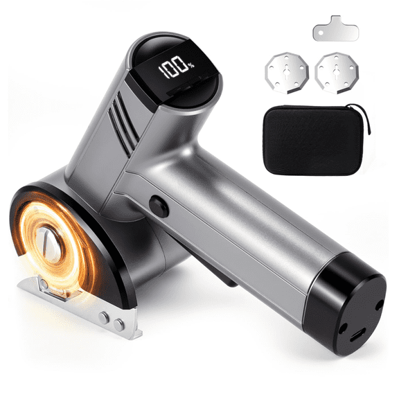 GOLDLEMON Silver Cardboard Cutter – 25W Rotary Cutter for Fabric & Electric Scissors with 2 SK5 Blades, 4-Speed, 2000mAh Battery, Safety Lock & Storage Bag