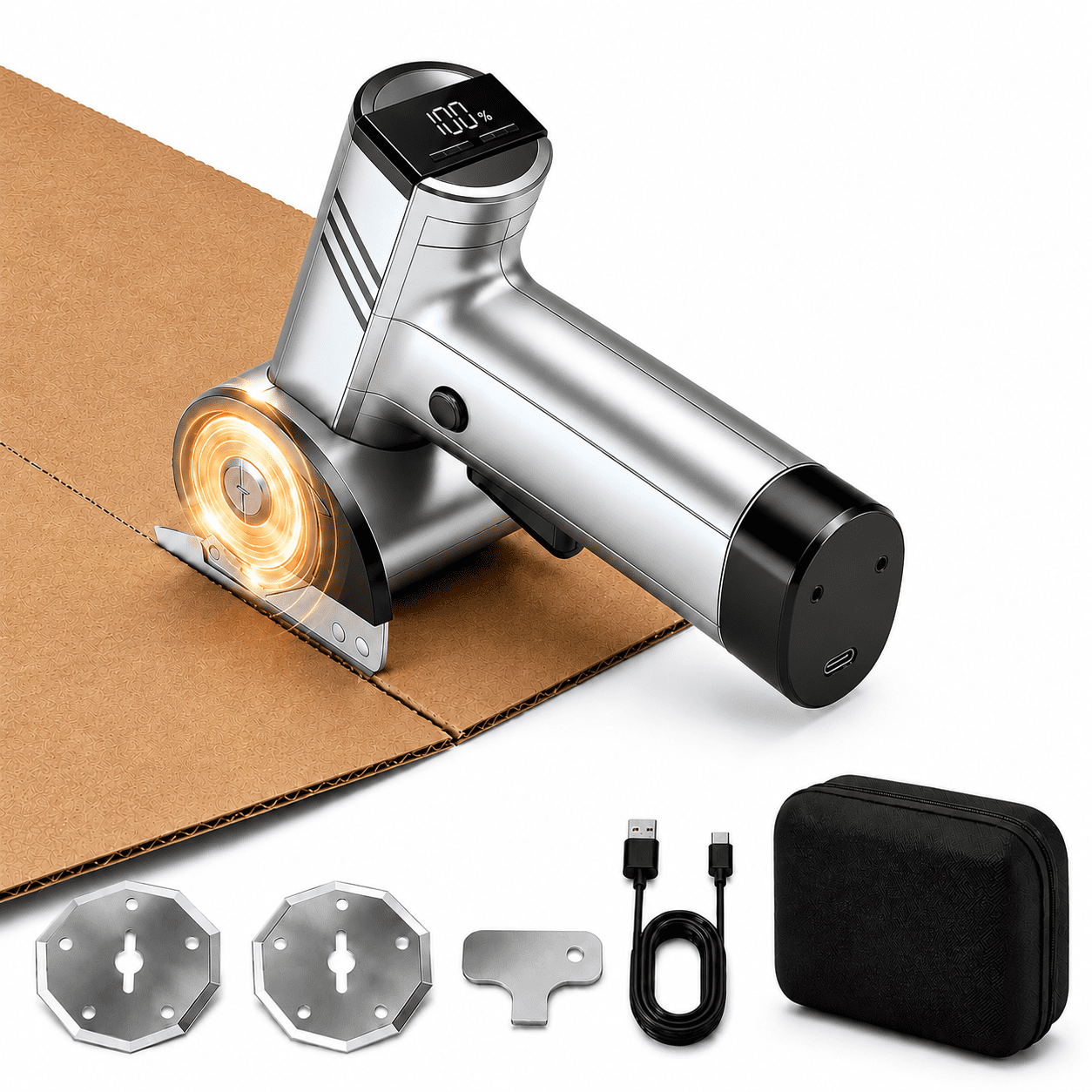 GOLDLEMON Silver Cardboard Cutter – 25W Rotary Cutter for Fabric & Electric Scissors with 2 SK5 Blades, 4-Speed, 2000mAh Battery, Safety Lock & Storage Bag