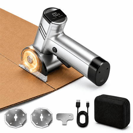 GOLDLEMON Silver Cardboard Cutter – 25W Rotary Cutter for Fabric & Electric Scissors with 2 SK5 Blades, 4-Speed, 2000mAh Battery, Safety Lock & Storage Bag
