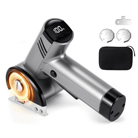 GOLDLEMON Silver Cardboard Cutter – 25W Rotary Cutter for Fabric & Electric Scissors with 2 SK5 Blades, 4-Speed, 2000mAh Battery, Safety Lock & Storage Bag