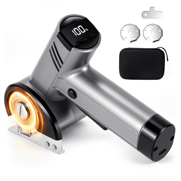 GOLDLEMON Silver Cardboard Cutter – 25W Rotary Cutter for Fabric & Electric Scissors with 2 SK5 Blades, 4-Speed, 2000mAh Battery, Safety Lock & Storage Bag