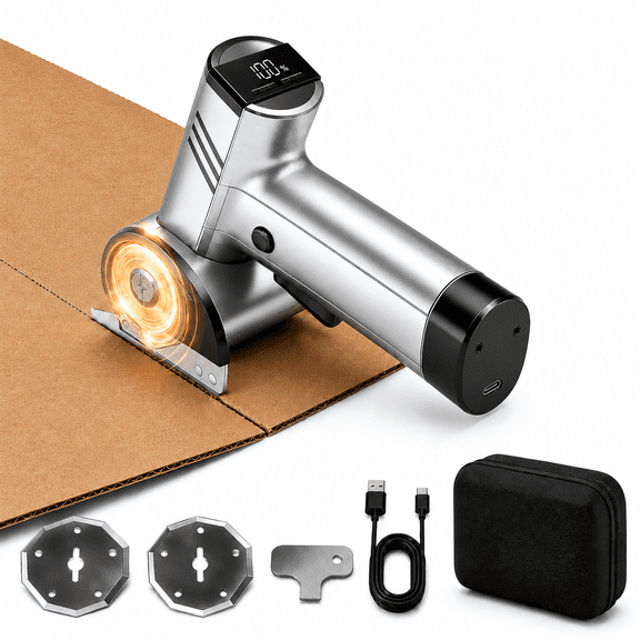 GOLDLEMON Silver Cardboard Cutter – 25W Rotary Cutter for Fabric & Electric Scissors with 2 SK5 Blades, 4-Speed, 2000mAh Battery, Safety Lock & Storage Bag