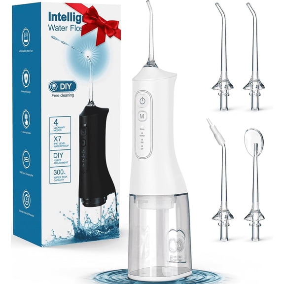 Water Flosser,Irrigador Dental with 4 Modes,4 Jet Tips, 300ML Tank & IPX7 Waterproof Water Flossers for Teeth-Muzpu(White)