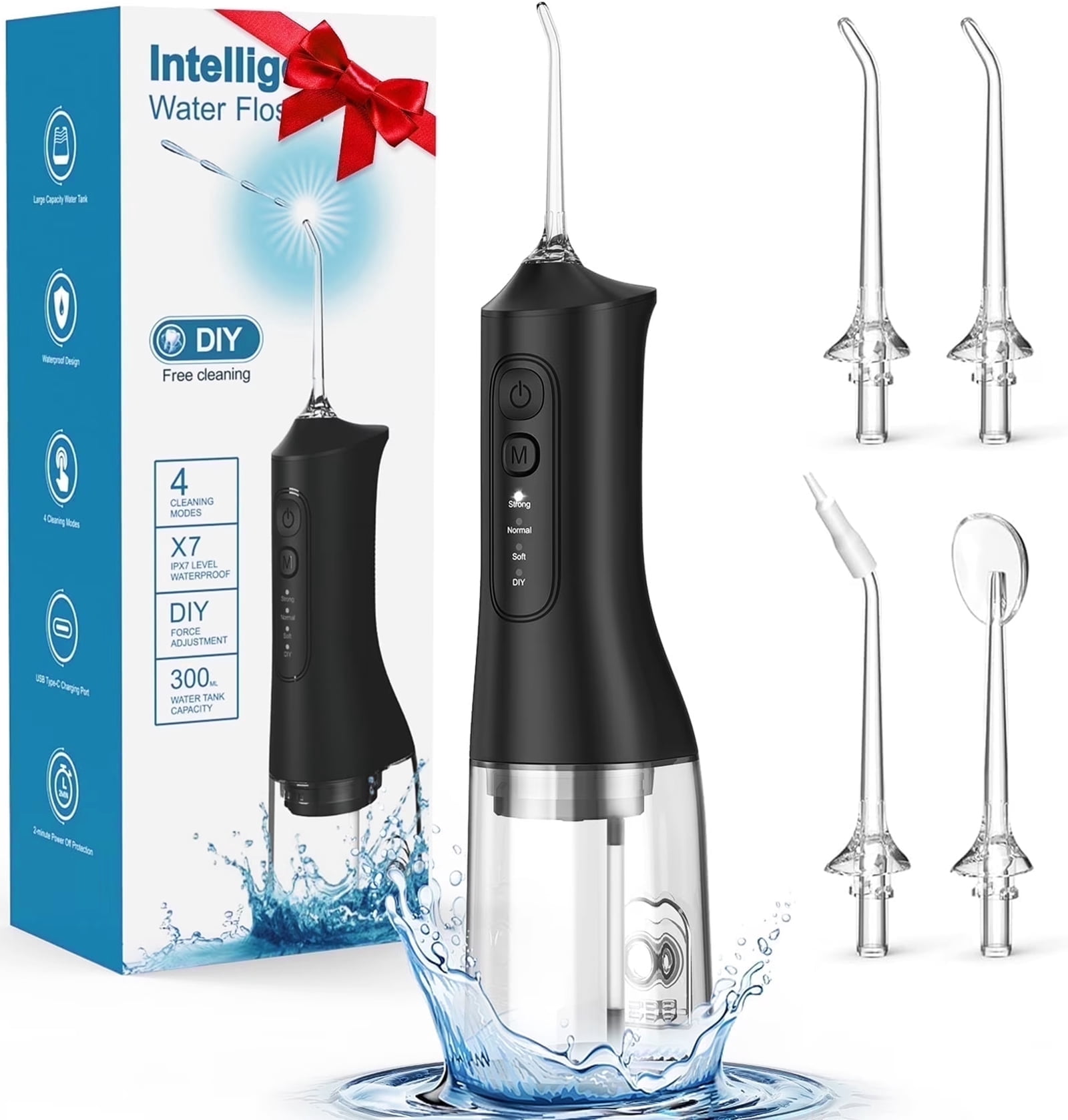 Water Flosser,Irrigador Dental with 4 Modes,4 Jet Tips, 300ML Tank & IPX7 Waterproof Water Flossers for Teeth-Muzpu(Black)