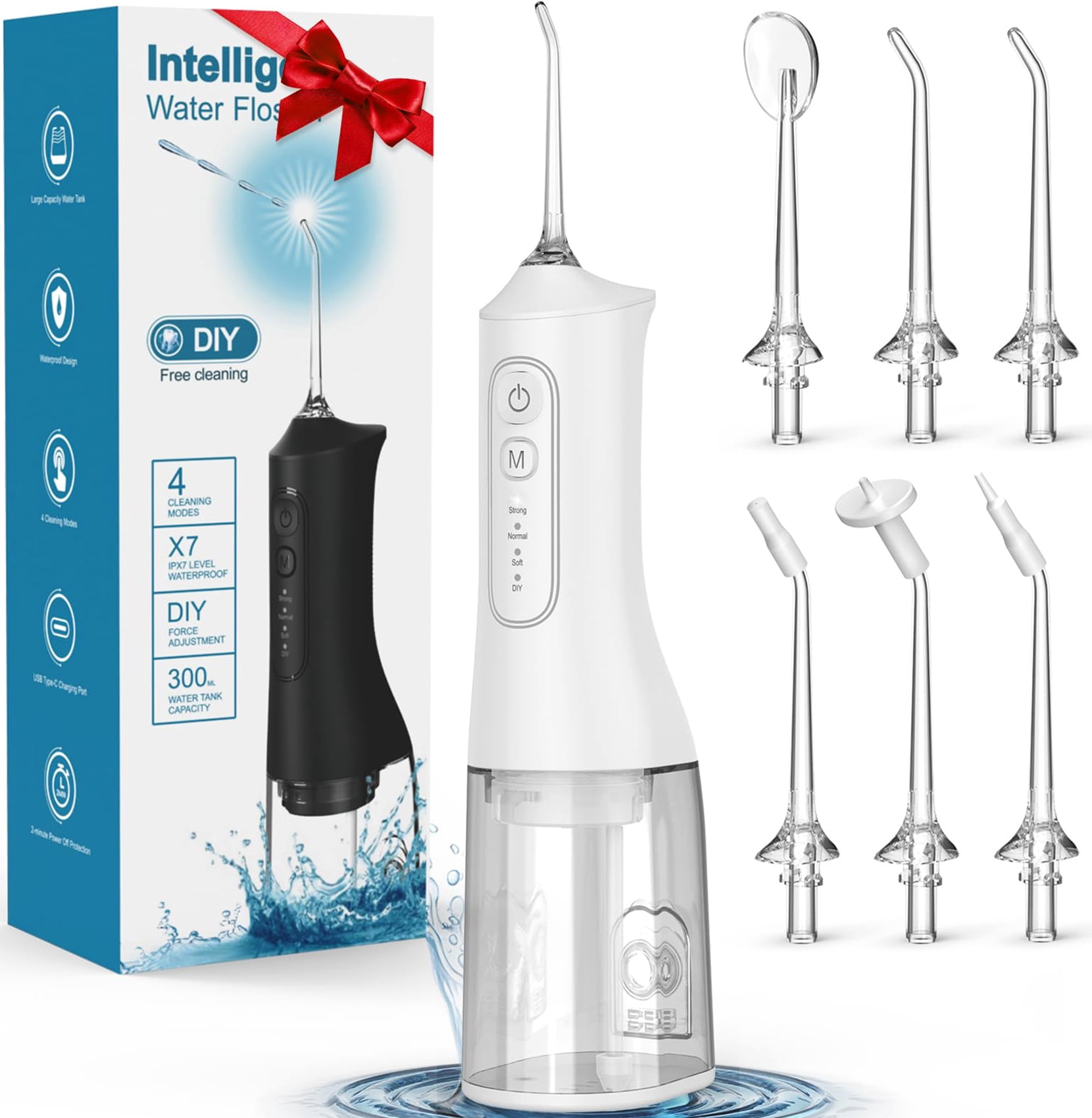 Water Flosser,Irrigador Dental with 4 Modes,6 Jet Tips, 300ML Tank & IPX7 Waterproof Water Flossers for Teeth-Muzpu(White)