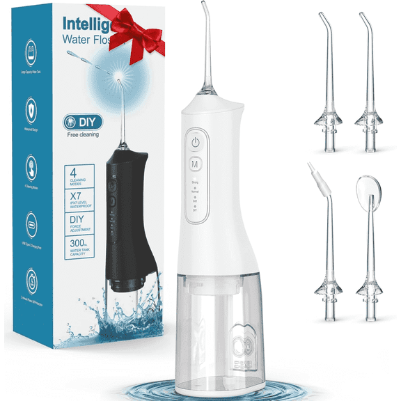 Water Flosser,Irrigador Dental with 4 Modes,4 Jet Tips, 300ML Tank & IPX7 Waterproof Water Flossers for Teeth-Muzpu(White)
