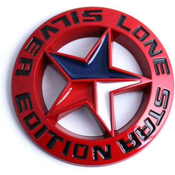 Muzzys -RED- LONE STAR SILVER EDITION Texas Emblem Decal Longhorn Badge Universal Stick On FITS Chevy Silverado Suburban Tahoe GMC Sierra F150 Ranger F-150 Ram Titan Car Auto Truck Fender Tailgate