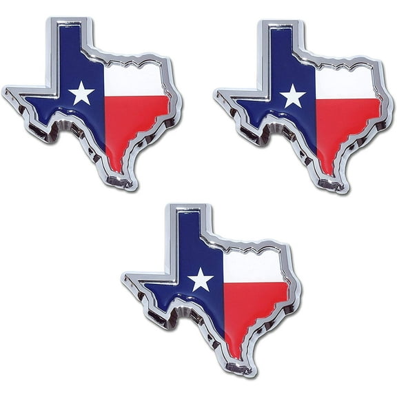 Muzzys (SET OF THREE) TEXAS FLAG IN SHAPE OF TEXAS State Edition Emblem Decal Longhorn Lone Star METAL Badge Universal StickOn FITS Chevy Silverado Suburban Tahoe Sierra Ford F150 Ranger F-150 Dodge R