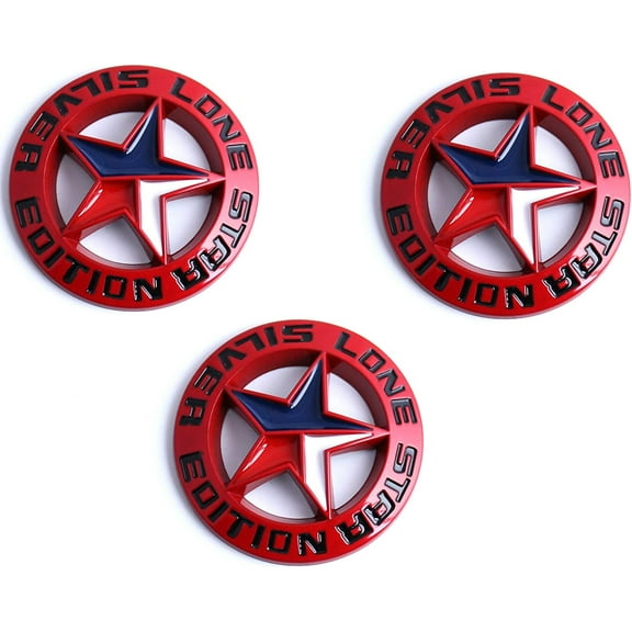 Muzzys (Set of THREE) -RED- LONE STAR SILVER EDITION Texas Emblem Decal Longhorn Badge Universal Stick On FITS Chevy Silverado Suburban Tahoe GMC Sierra F150 Ranger F-150 Ram Titan Truck Door Fender