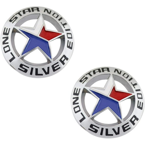 Muzzys (Set of TWO) LONE STAR SILVER EDITION Texas Emblem Decal Longhorn Badge Universal Stick On FITS Chevy Silverado Suburban Tahoe GMC Sierra Ford F150 Ranger F-150 Dodge Ram Nissan Titan Car
