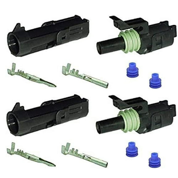 Muzzys (Set of Two) 12-14-16-18 AWG Gauge 1 Pin Position Terminal Weather Pack WeatherPack Connector Male Female Set Weather Proof Guage Gage Wire Quick Disconnect QD Splice Kit