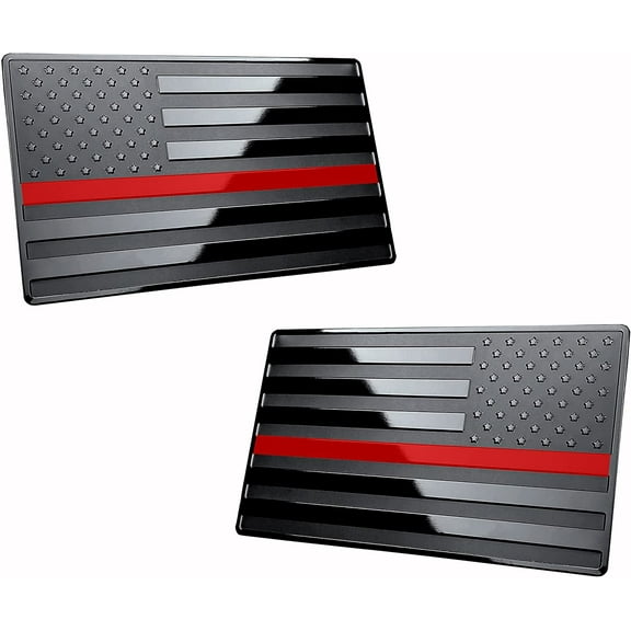 Muzzys (Set of Two) 3"x5" Black Thin Red Line Embossed Left & Right American Flag Decal Emblem Sticker Badge Honor Firefighters United States Stick On Car Truck Window Glass Made in USA