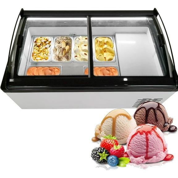 Mvckyi Commercial Ice Cream Dipping Cabinet Display Case, Glass Top Ice Cream Display Freezer, 6 Large Pans, Gelato Freezer Display Case, 6.4 Cu. Ft. for Bar, Restaurant