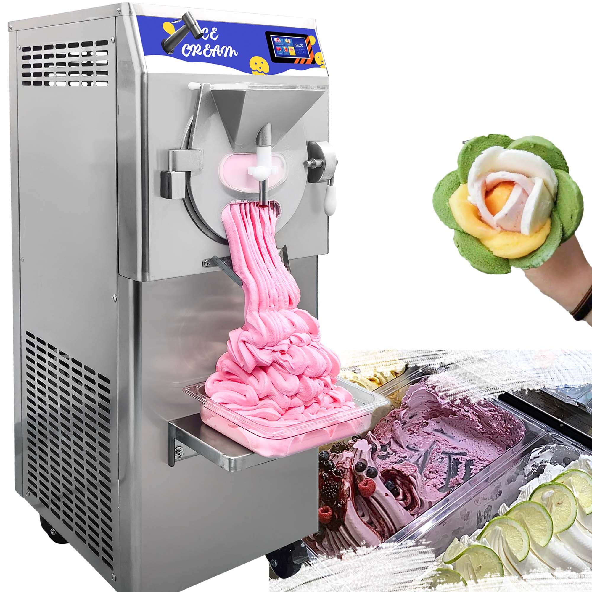 Mvckyi Hard Ice Cream Machine Commercial, Batch Freezer 13 Gallon/H, Gelato Ice Cream Maker, Italian Water Ice Machine, 5 Inch Touch Control Panel, with Water Spray, for Restaurant Bar