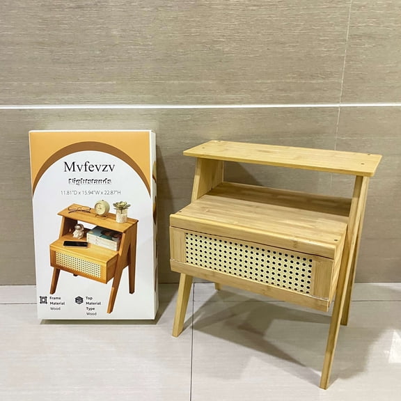 Mvfevzv Nightstands, Boho Side Table with Drawer Open Shelf, Cane Accent Bedside End Table with Solid Wood Legs for Bedroom, Dorm and Small Spaces - 11.81"D x 15.94"W x 22.87"H(Natural)