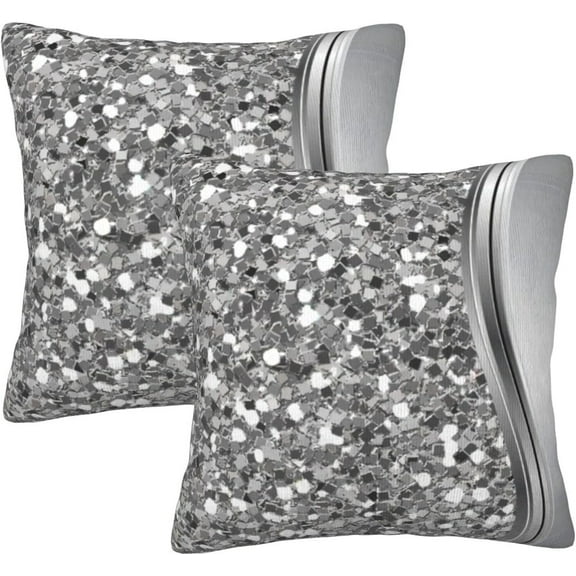 Mvirnsw Set of 2 Silver Faux Glitter Glam Bling Home Decorative Throw Pillow Covers Cushion Covers for Bedroom Sofa Living Room 18x18 Inches