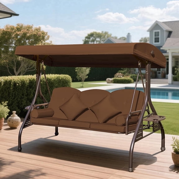 Mvpipi 3-Seat Patio Swing, Convertible Swing Bed with Canopy, Thick Cushions, Pillows & Cup Holders for Backyard, Garden, Deck(Brown)