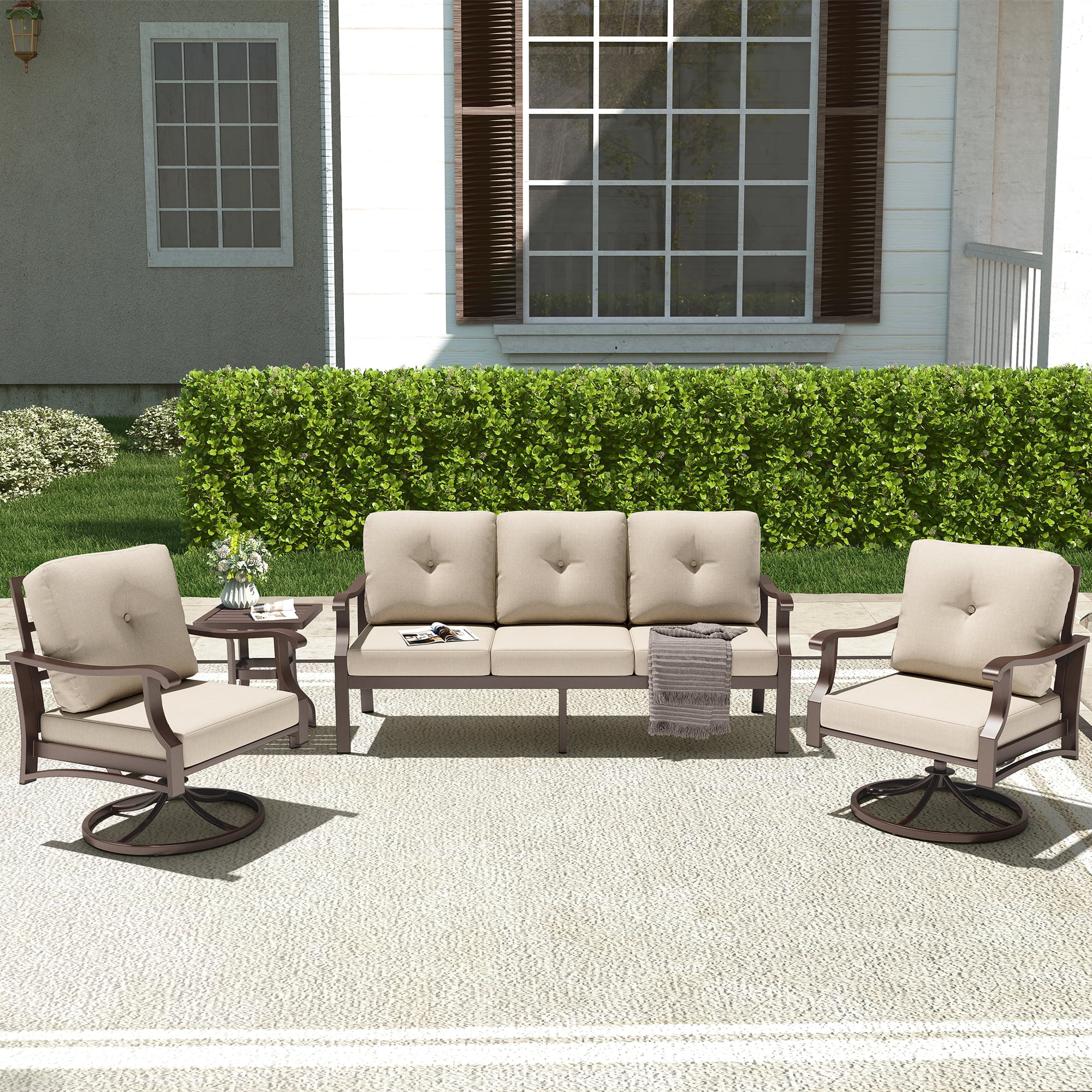 Mvpipi 4 Piece Aluminum Patio Furniture Set, Metal Outdoor Conversation Set w/3-Seat Sofa, 2 Rocking Swivel Chairs, Side Table, Patio Bistro Set w/5" Thickened Cushions for Backyard, Poolside, Beige
