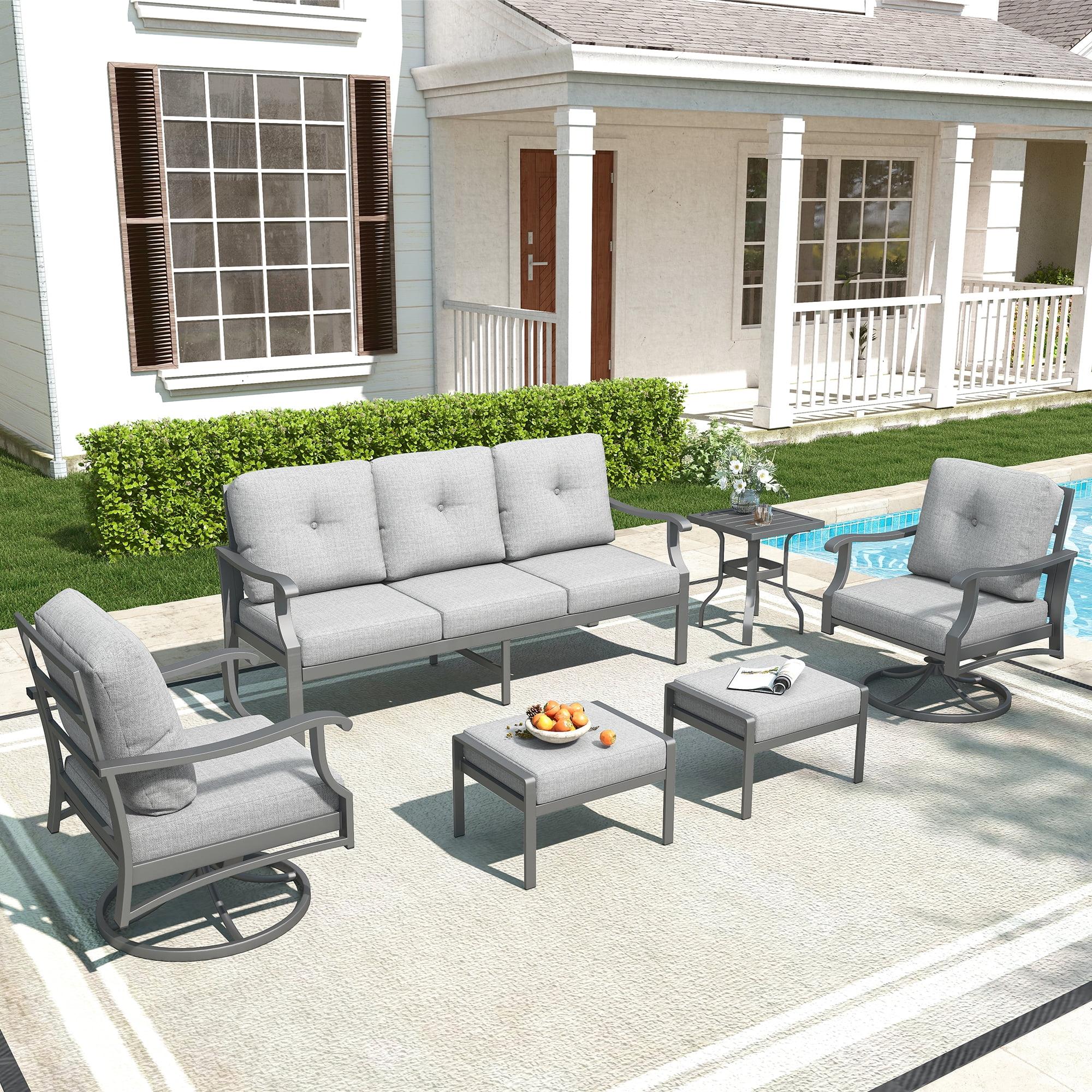 Mvpipi 6 Piece Aluminum Patio Conversation Set, Outdoor Metal Furniture Set w/Rocking Swivel Chairs, 3-Seat Sofa, Ottomans and Coffee Table, 5" Thickened Cushions for Backyard, Poolside, Gray
