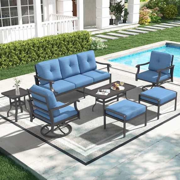 Mvpipi 7 Piece Aluminum Patio Conversation Set, Outdoor Metal Furniture Set w/Rocking Swivel Chairs, 3-Seat Sofa, Ottomans and Coffee Side Table, 5" Thickened Cushions for Backyard, Poolside, Blue