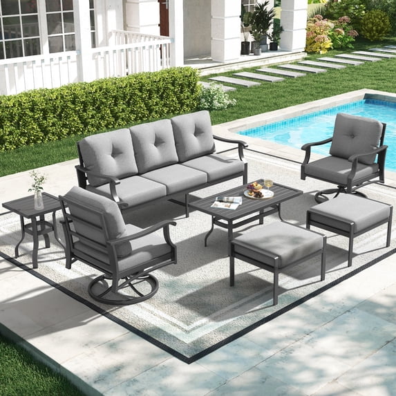 Mvpipi 7 Piece Aluminum Patio Conversation Set, Outdoor Metal Furniture Set w/Rocking Swivel Chairs, 3-Seat Sofa, Ottomans and Coffee Side Table, 5" Thickened Cushions for Backyard, Poolside, Gray