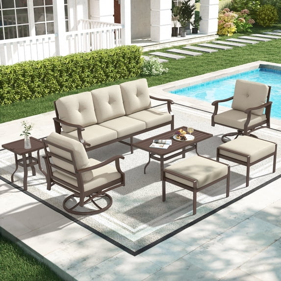 Mvpipi 7 Piece Aluminum Patio Conversation Set, Outdoor Metal Furniture Set w/Rocking Swivel Chairs, 3-Seat Sofa, Ottomans and Coffee Side Table, 5" Thickened Cushions for Backyard, Poolside, Beige