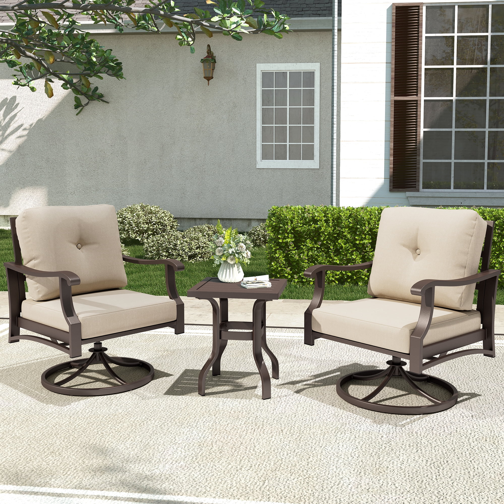 Mvpipi Outdoor Swivel Rocker Chairs, 3 Piece Metal Patio Rocking Chair w/Coffee Table, Aluminum Patio Bistro Furniture Set with 5" Thickened Cushions for Porch, Backyard, Balcony, Beige