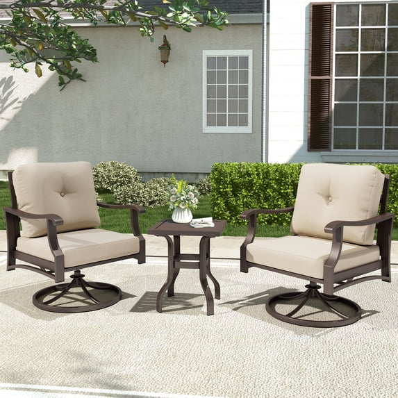 Mvpipi Outdoor Swivel Rocker Chairs, 3 Piece Metal Patio Rocking Chair w/Coffee Table, Aluminum Patio Bistro Furniture Set with 5" Thickened Cushions for Porch, Backyard, Balcony, Beige