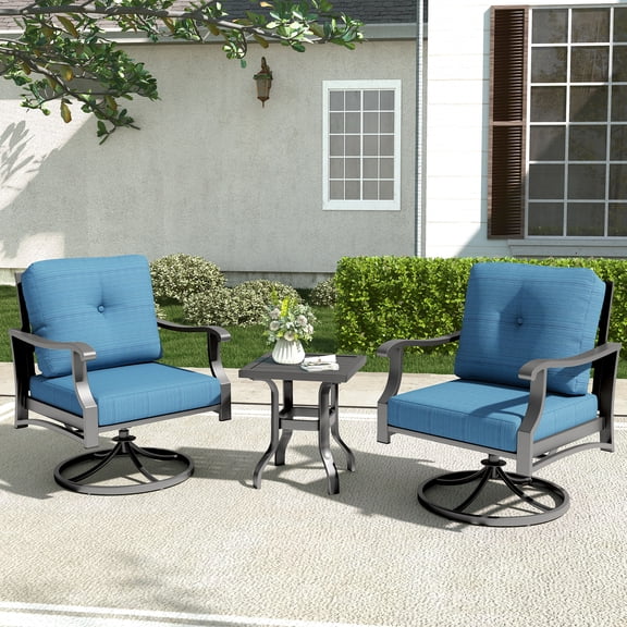 Mvpipi Outdoor Swivel Rocker Chairs, 3 Piece Metal Patio Rocking Chair w/Coffee Table, Aluminum Patio Bistro Furniture Set with 5" Thickened Cushions for Porch, Backyard, Balcony, Blue