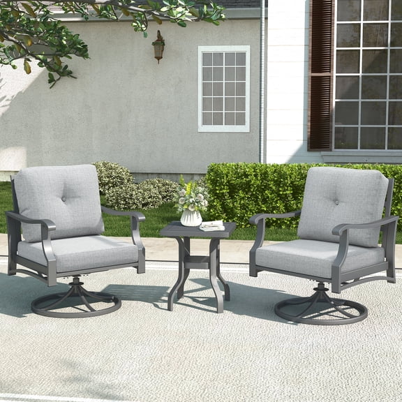 Mvpipi 3 Piece Aluminum Outdoor Bistro Sets with Swivel Rocker Chairs and Coffee Table, Gray