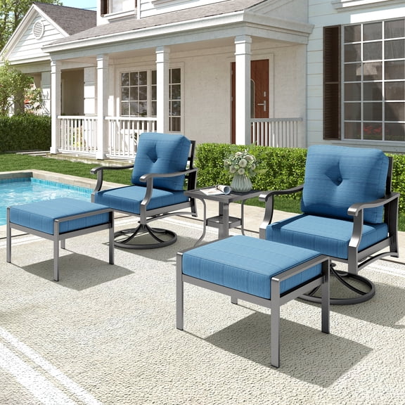 Mvpipi Outdoor Swivel Rocker Chairs w/2 Ottomans, Coffee Table, 5 Piece Metal Patio Conversation Bistro Set with 5" Thickened Cushions, Aluminum Frame for Porch, Backyard, Balcony, Blue
