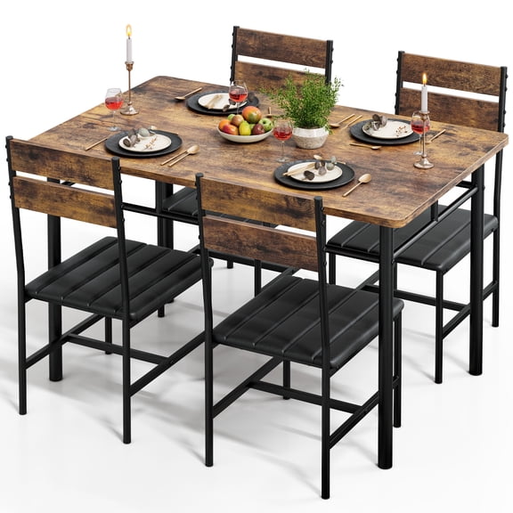 Mvvte 5-Piece Dining Table Set with Upholstered Padded Chairs, Industrial Kitchen Table Set with 4 Chairs for Small Space, Apartment, Mix Brown